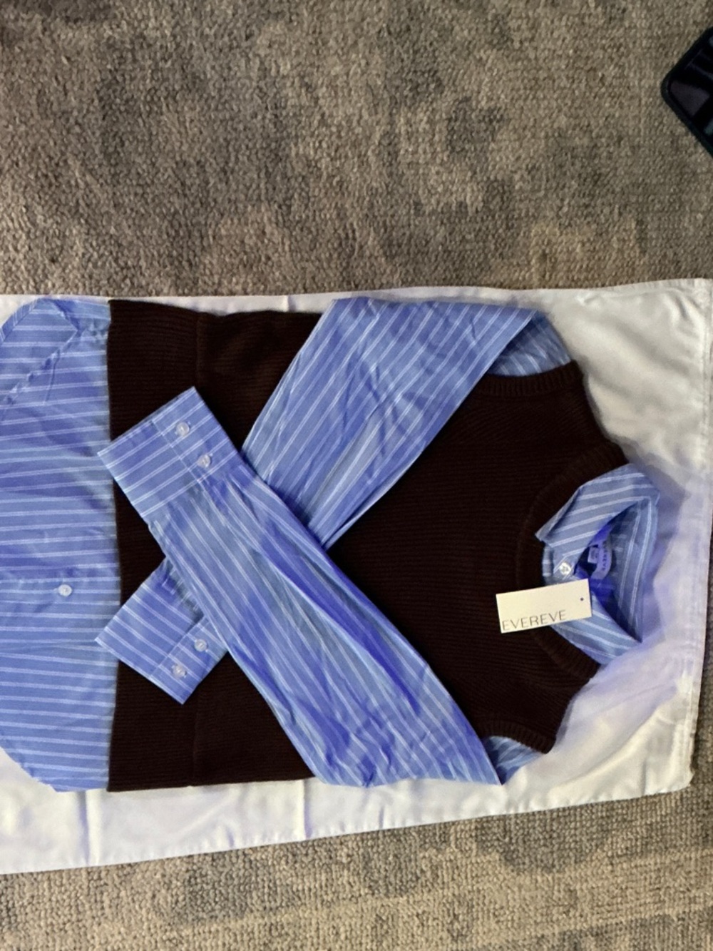 Evereve Blue Striped Dress Shirt with Black Knit Vest